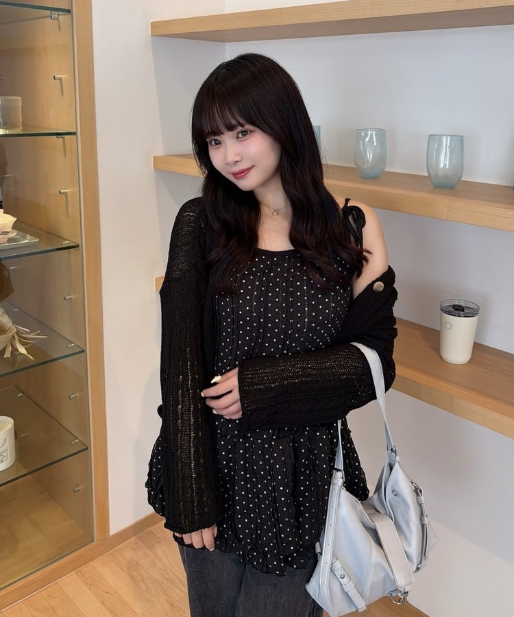 도트 리본 끈 미니 원피스 블랙