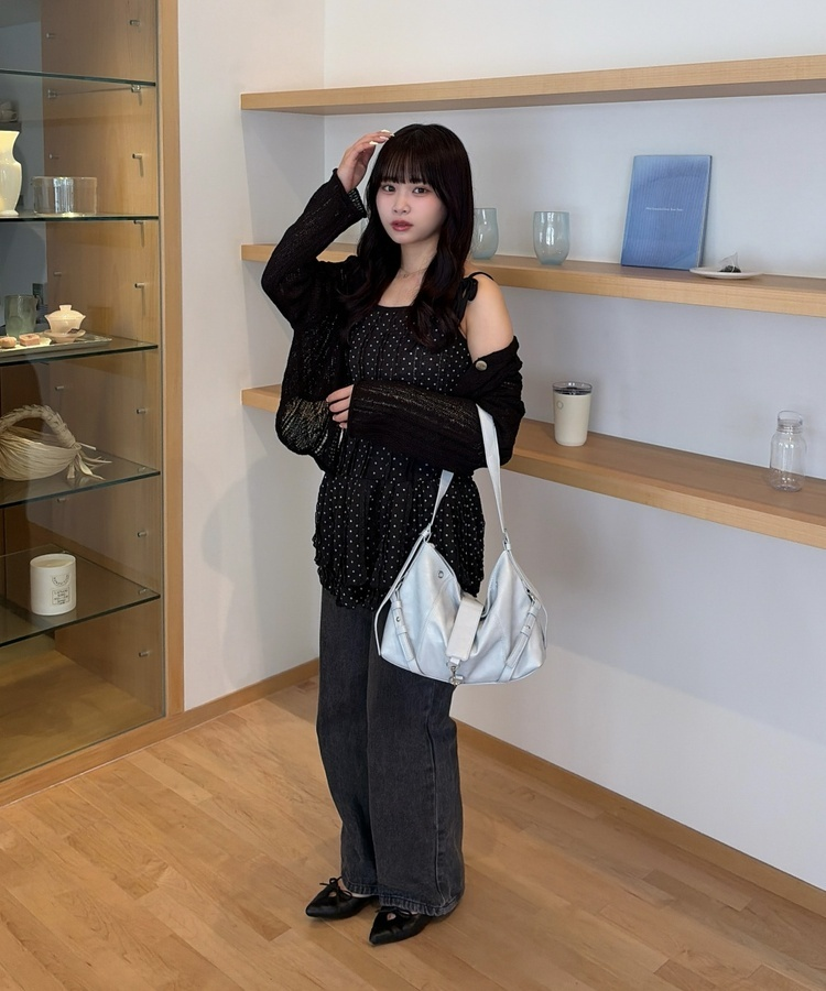 도트 리본 끈 미니 원피스 블랙