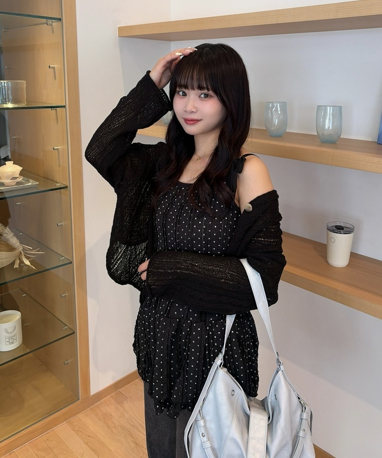 도트 리본 끈 미니 원피스 블랙