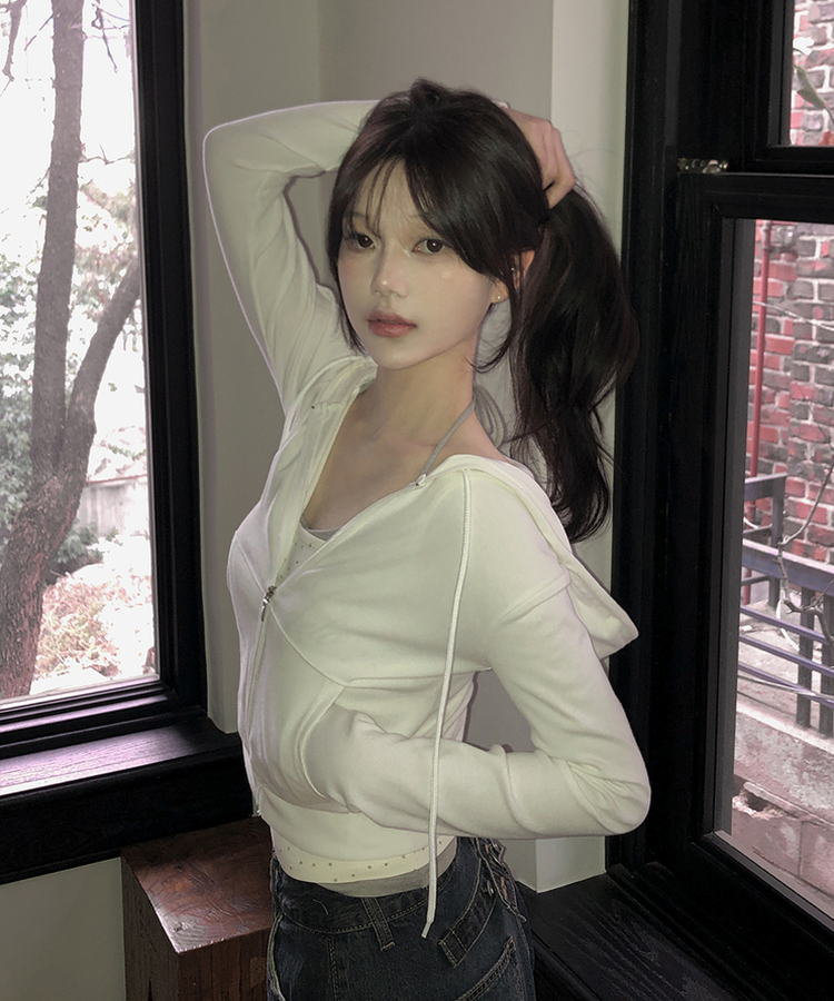 リブセミクロップドフードジップアップ WHITE