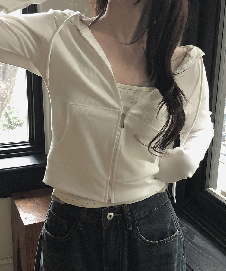 リブセミクロップドフードジップアップ WHITE