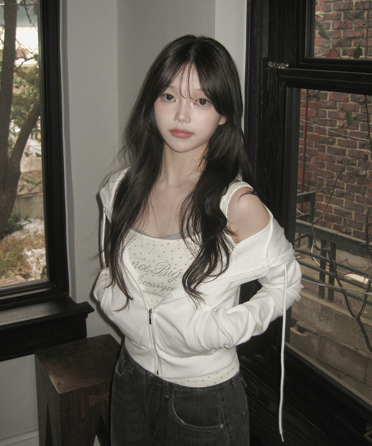 リブセミクロップドフードジップアップ WHITE