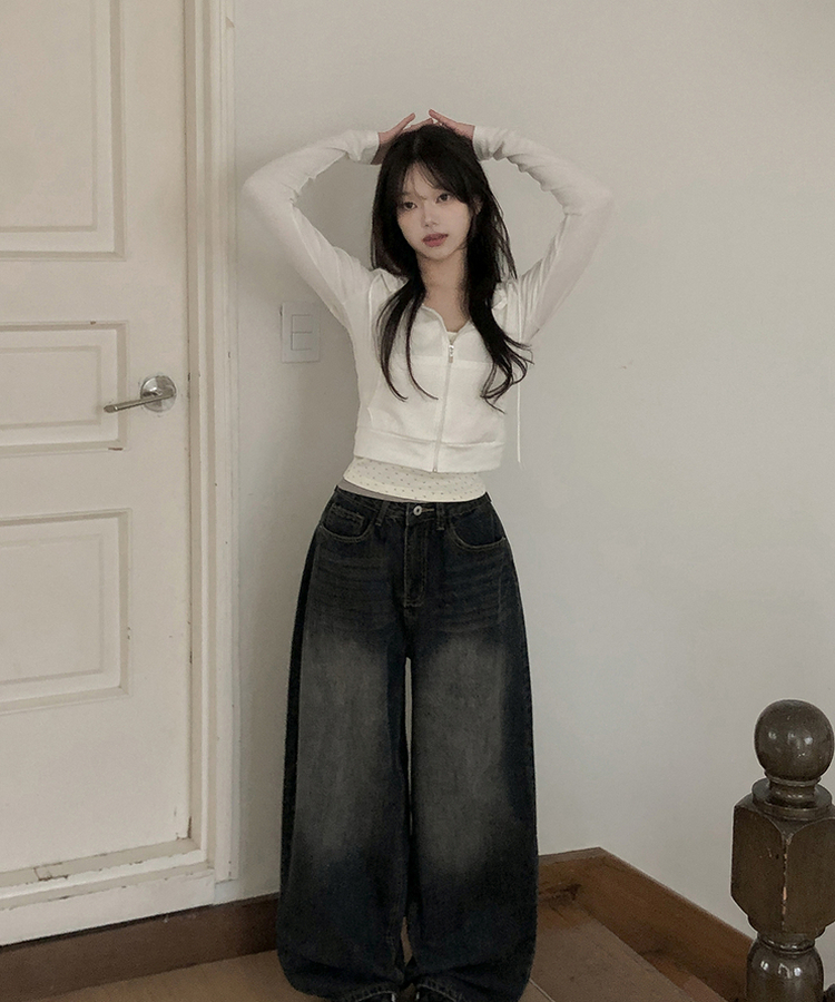 リブセミクロップドフードジップアップ WHITE