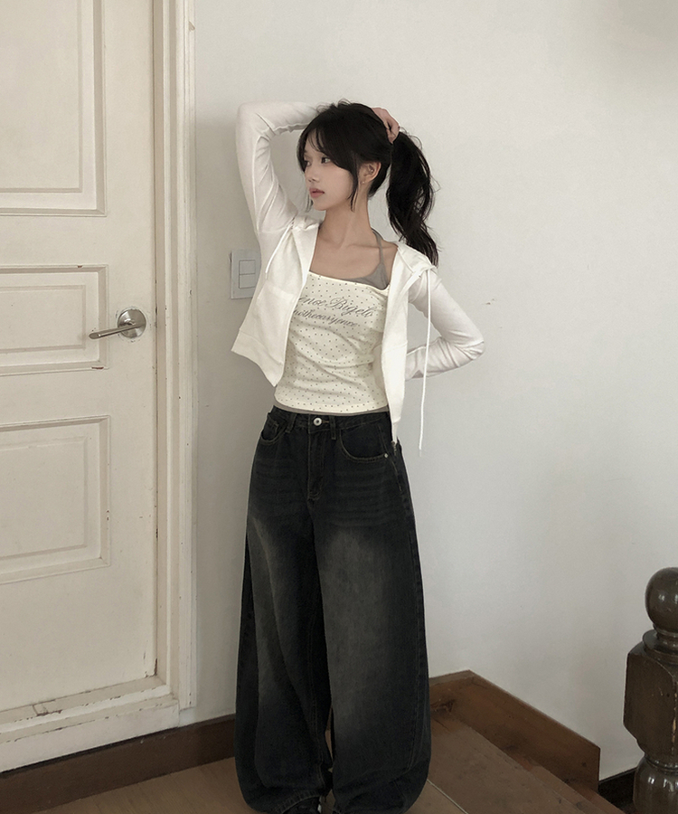 リブセミクロップドフードジップアップ WHITE