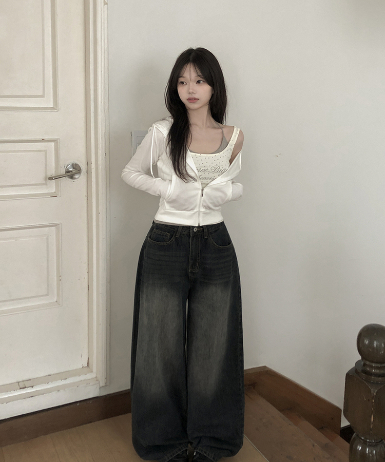 リブセミクロップドフードジップアップ WHITE