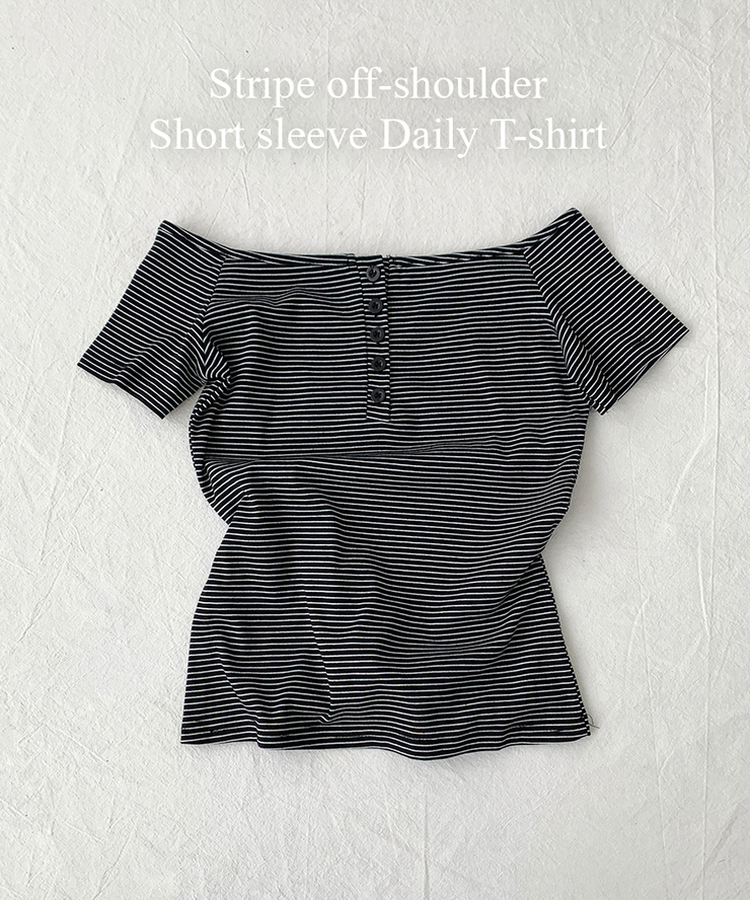 아노 단가라 오프숄더 반팔 티셔츠 스트라이프 버튼 포인트 크롭티 캐주얼 데일리룩 데이트룩 봄 신상여름 신상