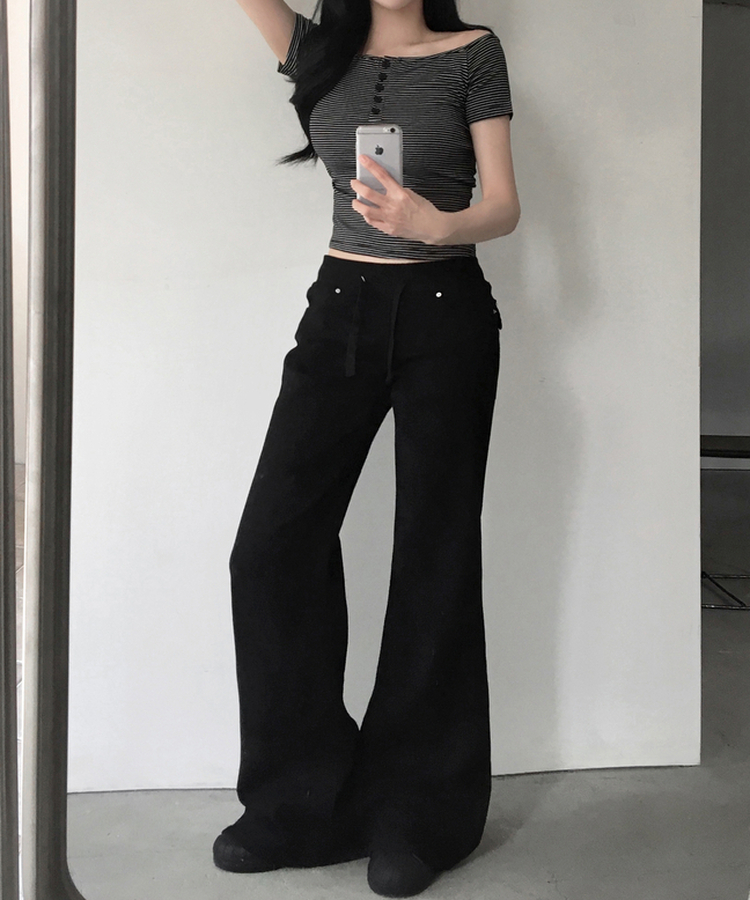 아노 단가라 오프숄더 반팔 티셔츠 스트라이프 버튼 포인트 크롭티 캐주얼 데일리룩 데이트룩 봄 신상여름 신상 블랙