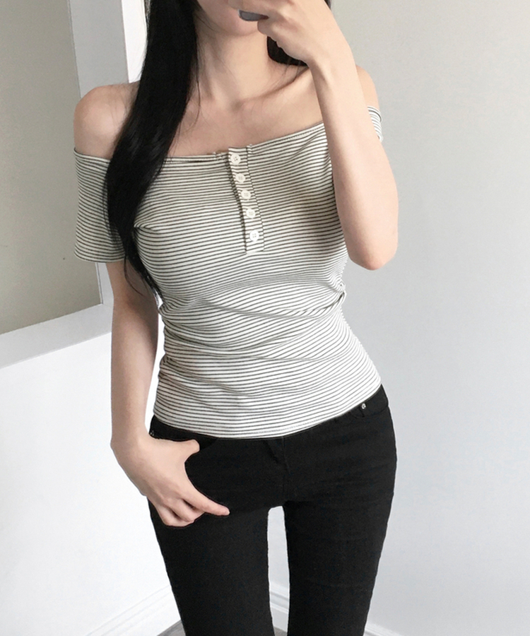 아노 단가라 오프숄더 반팔 티셔츠 스트라이프 버튼 포인트 크롭티 캐주얼 데일리룩 데이트룩 봄 신상여름 신상 아이보리