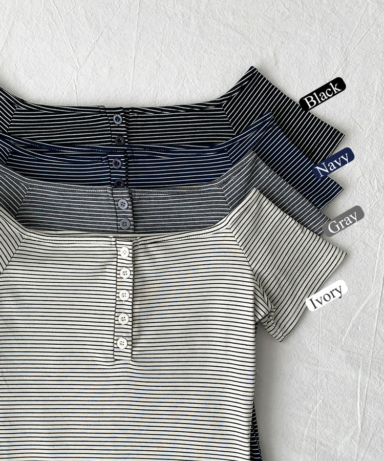 아노 단가라 오프숄더 반팔 티셔츠 스트라이프 버튼 포인트 크롭티 캐주얼 데일리룩 데이트룩 봄 신상여름 신상