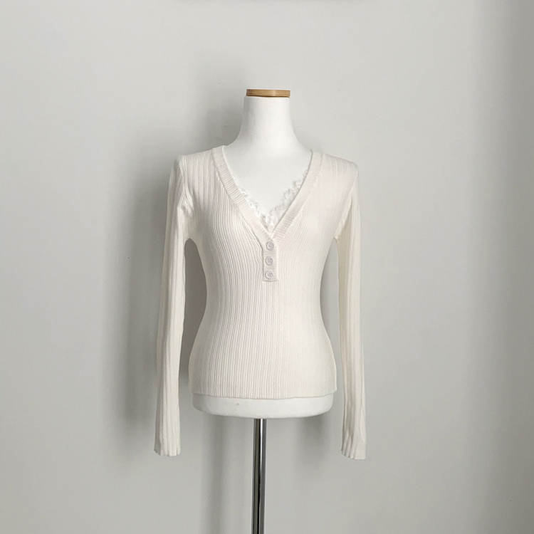 부드러워요 레이스 브이넥 버튼 슬림핏 골지 긴팔니트