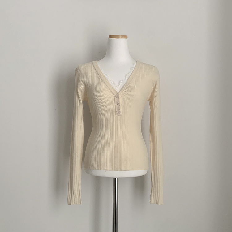 부드러워요 레이스 브이넥 버튼 슬림핏 골지 긴팔니트