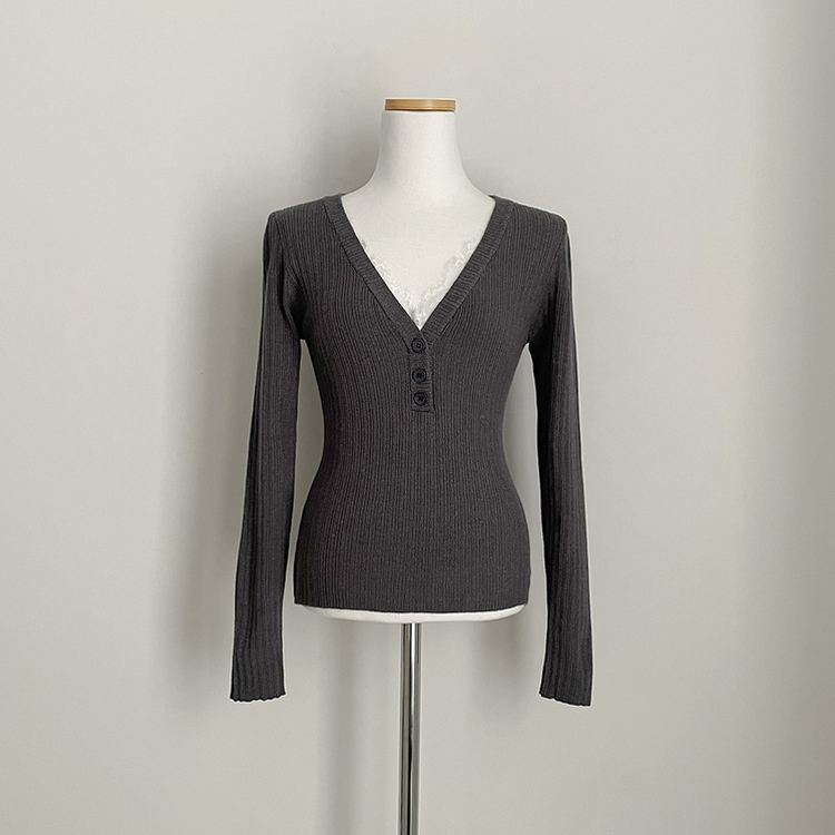 부드러워요 레이스 브이넥 버튼 슬림핏 골지 긴팔니트