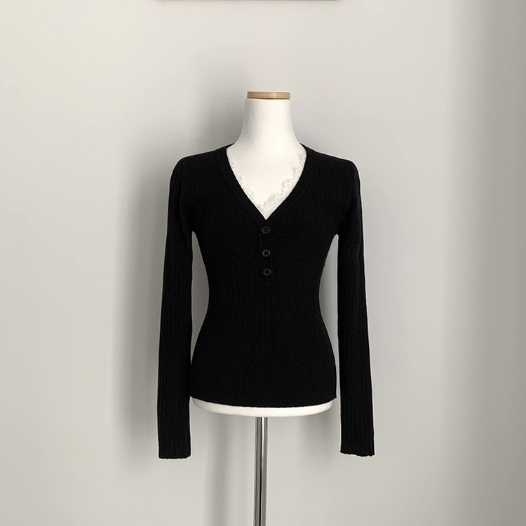 부드러워요 레이스 브이넥 버튼 슬림핏 골지 긴팔니트