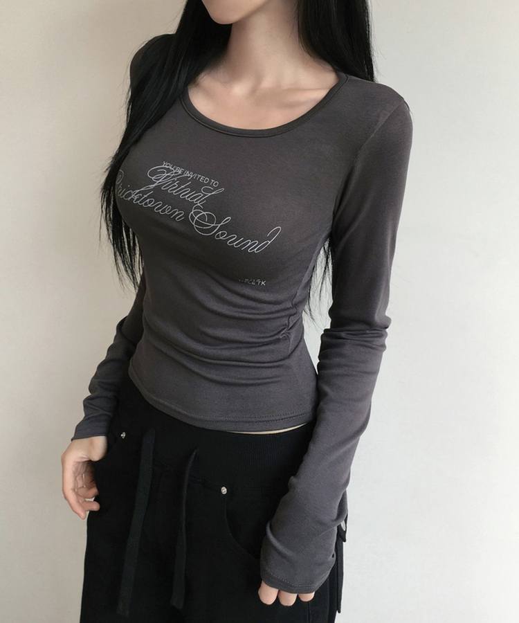 리에트 레터링 긴팔 티셔츠 슬림핏 유넥 롱슬리브 여리 힙무드 스판 레이어드 얇은 티 데일리룩 간절기템 사계절템 봄 티셔츠 차콜