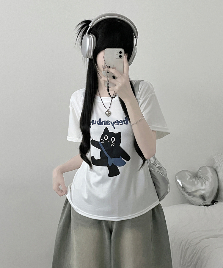 워킹고양이프린팅박스핏반팔티셔츠 화이트