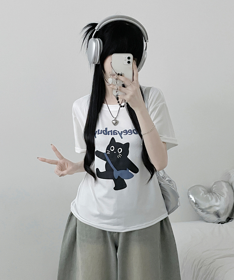 워킹고양이프린팅박스핏반팔티셔츠 화이트