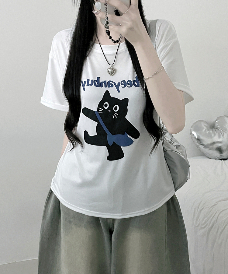 워킹고양이프린팅박스핏반팔티셔츠 화이트