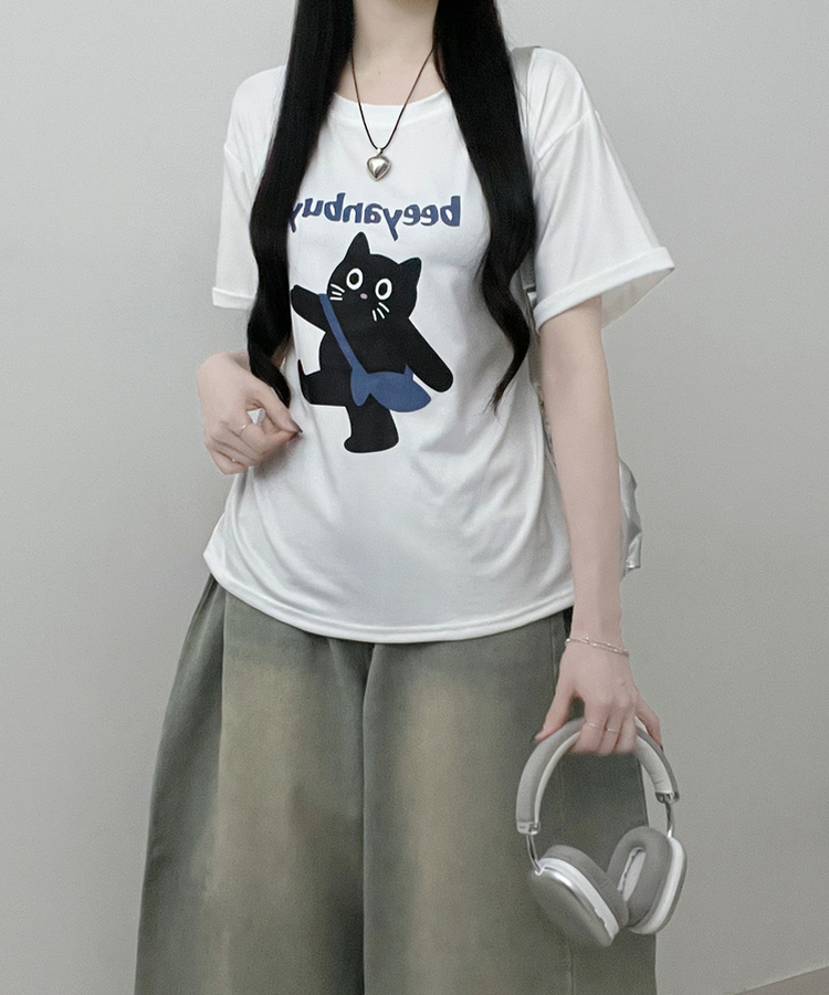 워킹고양이프린팅박스핏반팔티셔츠 화이트