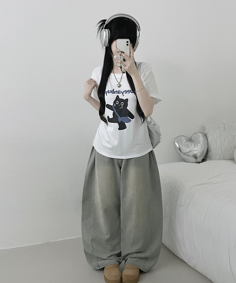 워킹고양이프린팅박스핏반팔티셔츠 화이트