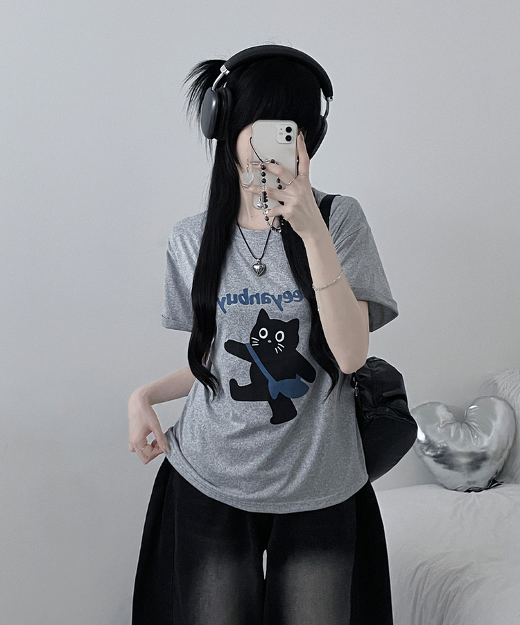 워킹고양이프린팅박스핏반팔티셔츠 그레이