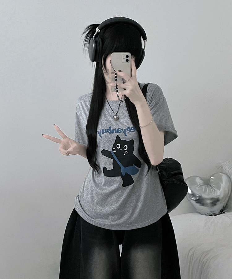 워킹고양이프린팅박스핏반팔티셔츠 그레이