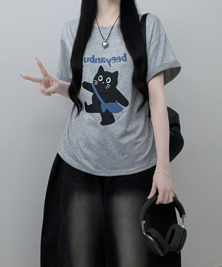 워킹고양이프린팅박스핏반팔티셔츠 그레이