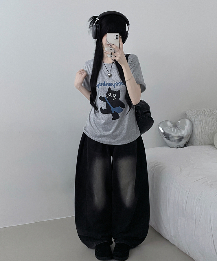 워킹고양이프린팅박스핏반팔티셔츠 그레이