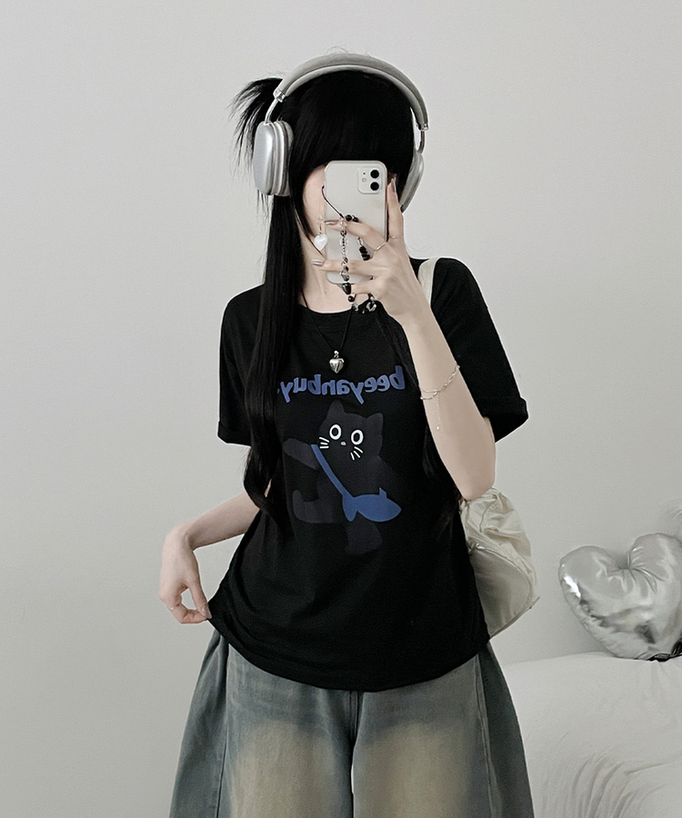 워킹고양이프린팅박스핏반팔티셔츠 블랙