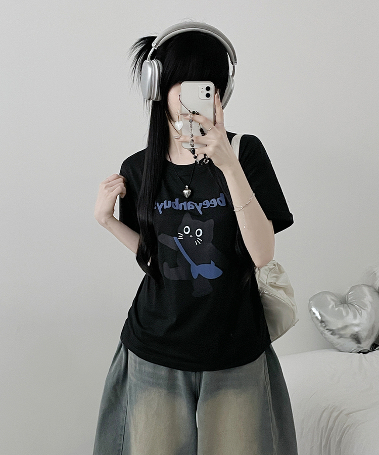 워킹고양이프린팅박스핏반팔티셔츠 블랙