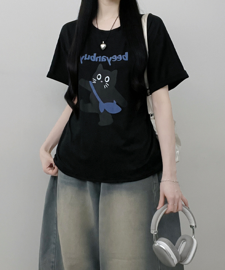 워킹고양이프린팅박스핏반팔티셔츠 블랙