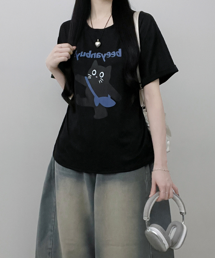 워킹고양이프린팅박스핏반팔티셔츠 블랙