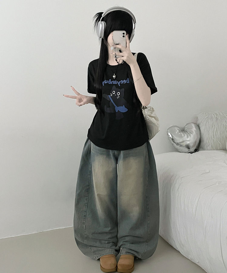 워킹고양이프린팅박스핏반팔티셔츠 블랙