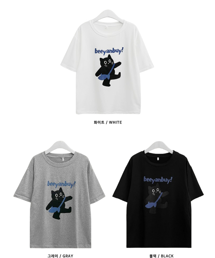 워킹고양이프린팅박스핏반팔티셔츠