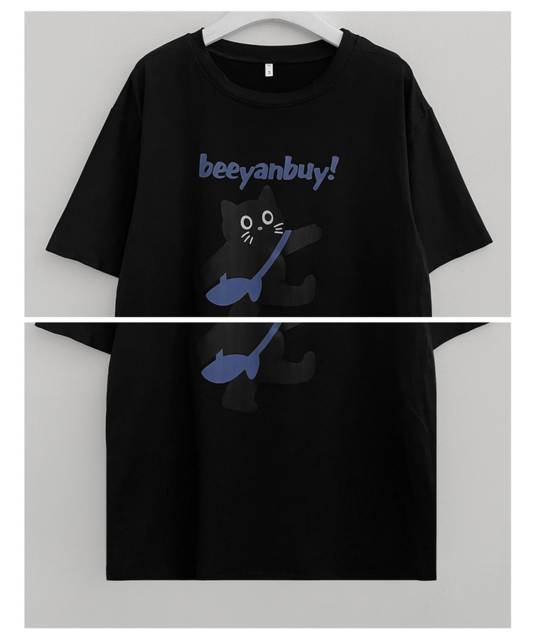 워킹고양이프린팅박스핏반팔티셔츠