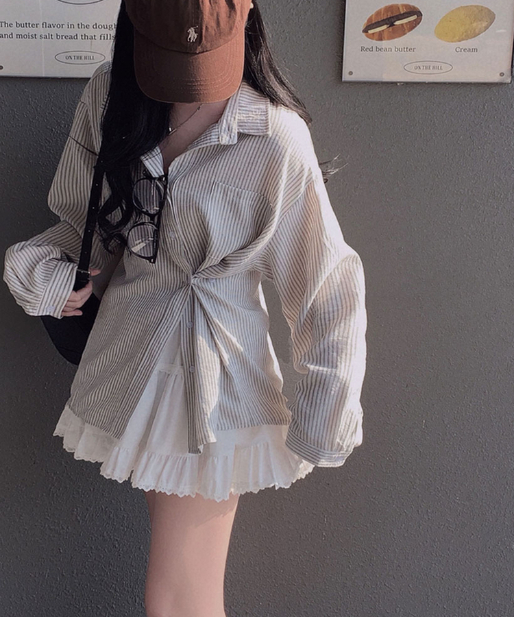 빙그레 투웨이 옆단추 스트라이프 루즈핏 셔츠 남방 아이보리