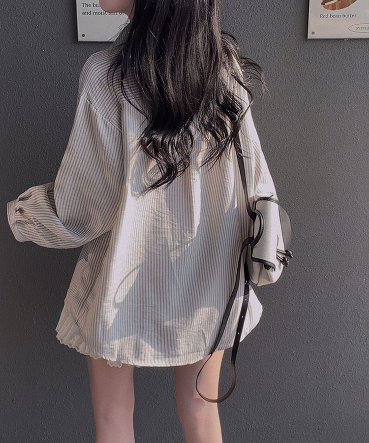 빙그레 투웨이 옆단추 스트라이프 루즈핏 셔츠 남방 아이보리