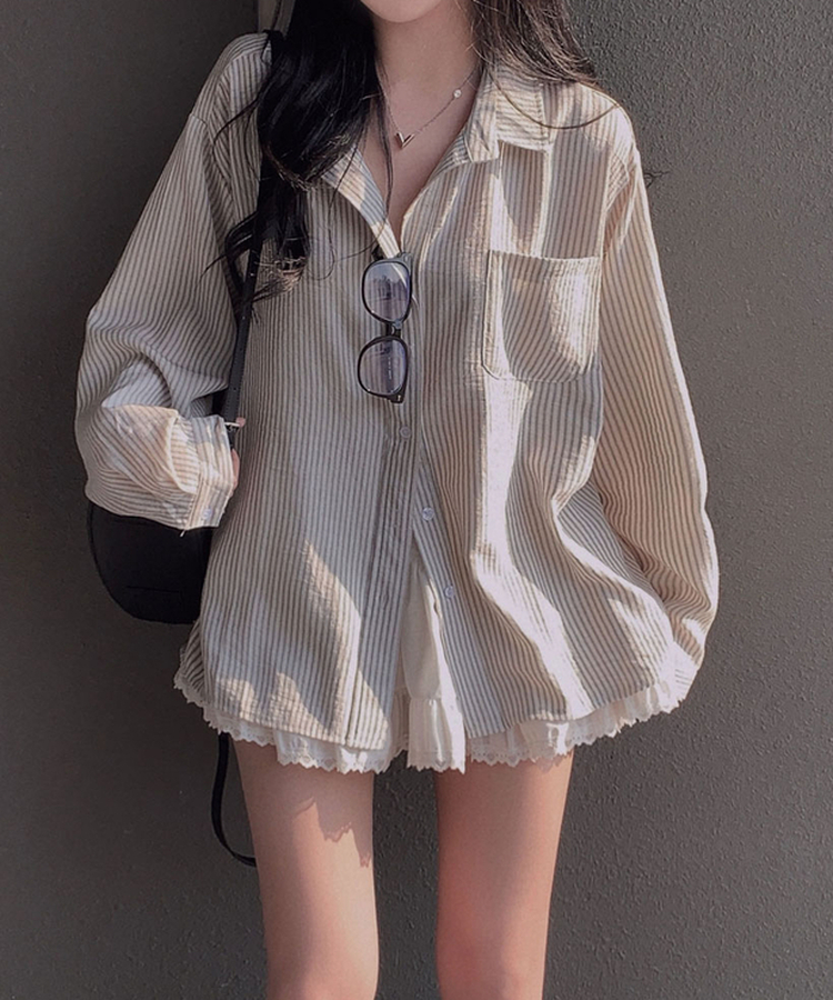 빙그레 투웨이 옆단추 스트라이프 루즈핏 셔츠 남방 아이보리