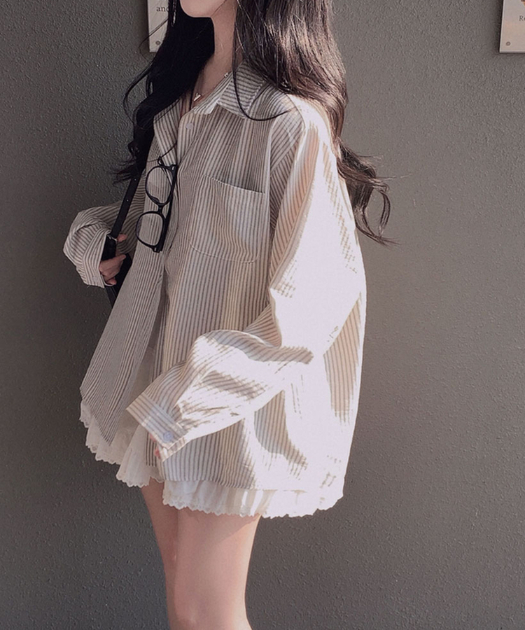 빙그레 투웨이 옆단추 스트라이프 루즈핏 셔츠 남방 아이보리