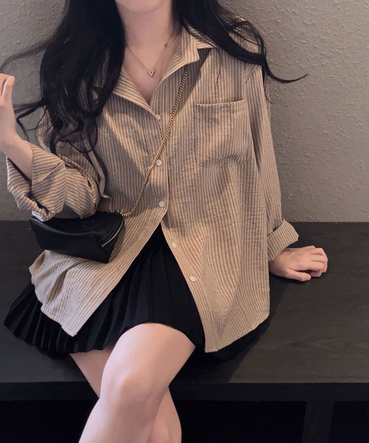 빙그레 투웨이 옆단추 스트라이프 루즈핏 셔츠 남방 브라운