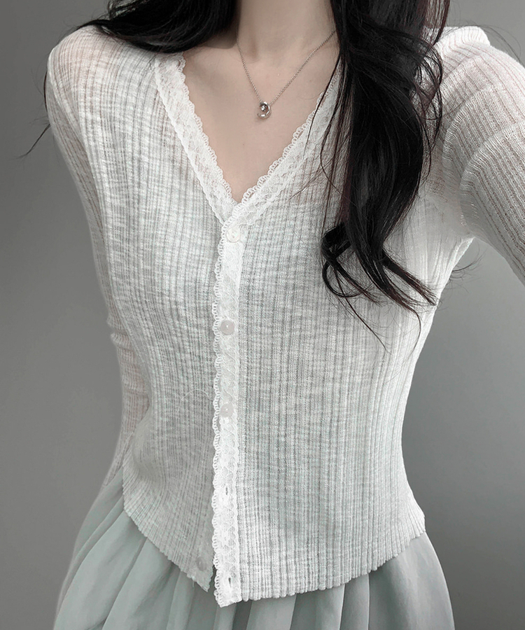 ディープVネックレースシアーカーディガン IVORY