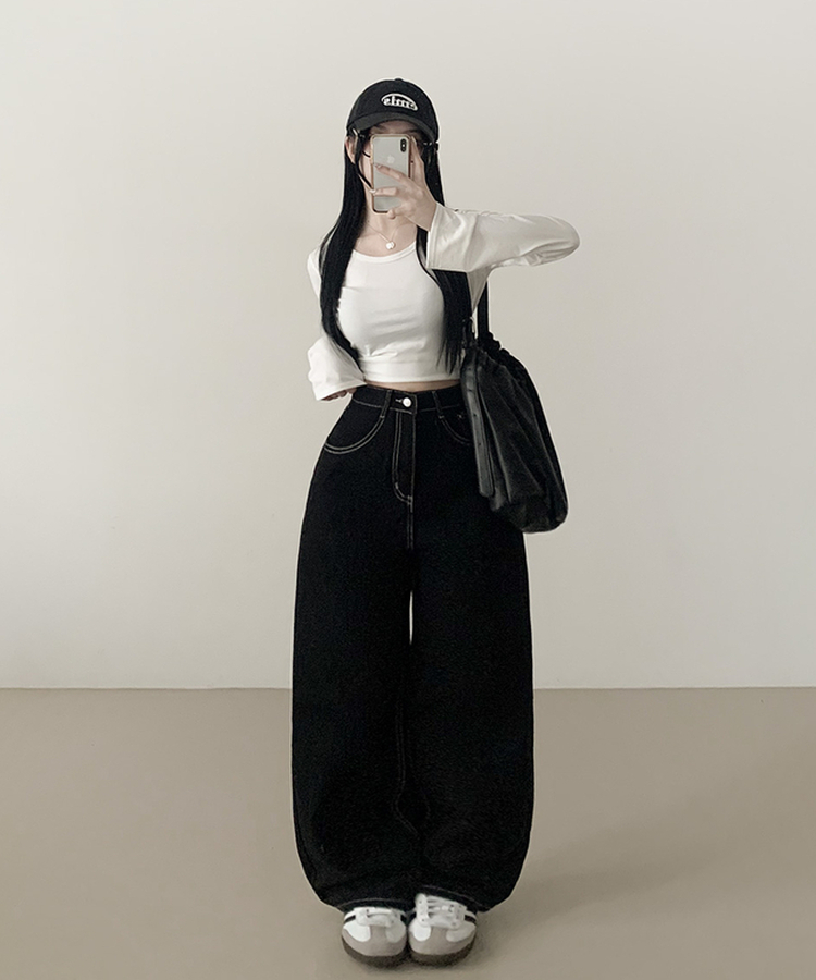 ステッチストレートワイドパンツ BLACK