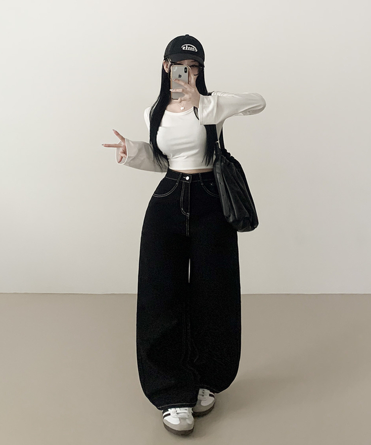 ステッチストレートワイドパンツ BLACK