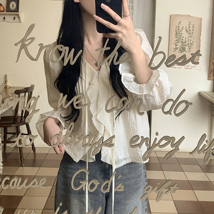 러블리 러플 스트랩 리본 프릴 시스루 브이넥 루즈핏 긴팔 쉬폰 블라우스 데이트룩 직장인룩 베이지