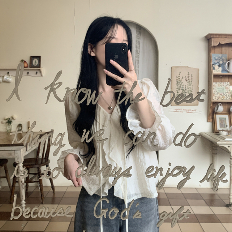 러블리 러플 스트랩 리본 프릴 시스루 브이넥 루즈핏 긴팔 쉬폰 블라우스 데이트룩 직장인룩 베이지