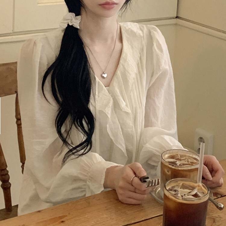 러블리 러플 스트랩 리본 프릴 시스루 브이넥 루즈핏 긴팔 쉬폰 블라우스 데이트룩 직장인룩 베이지