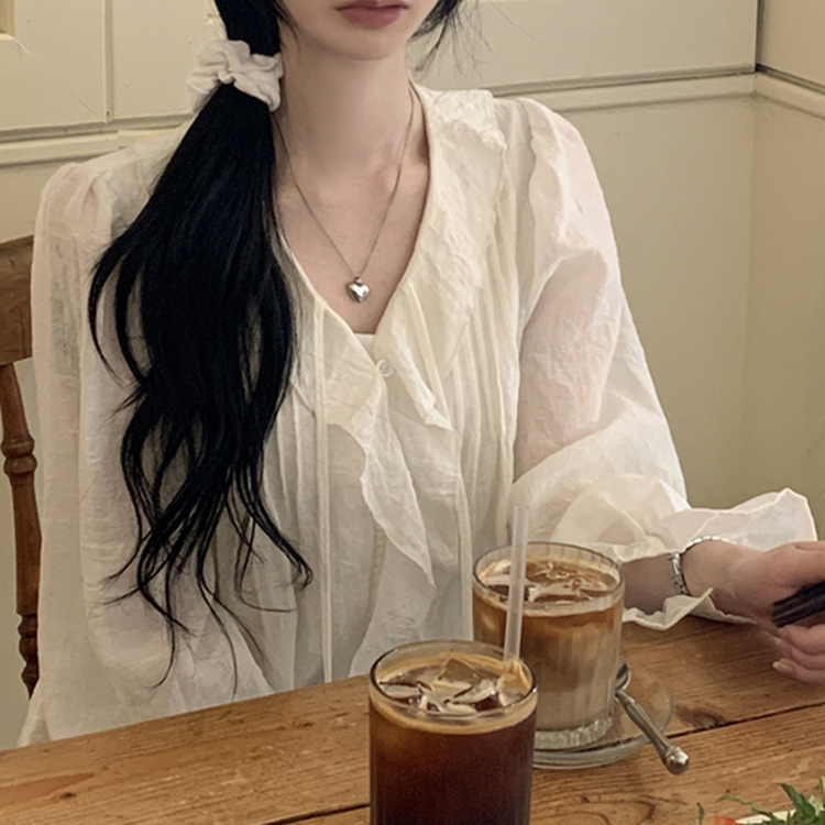 러블리 러플 스트랩 리본 프릴 시스루 브이넥 루즈핏 긴팔 쉬폰 블라우스 데이트룩 직장인룩 베이지
