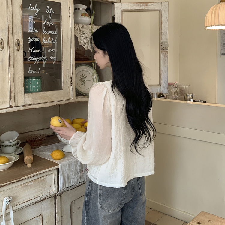 러블리 러플 스트랩 리본 프릴 시스루 브이넥 루즈핏 긴팔 쉬폰 블라우스 데이트룩 직장인룩 화이트