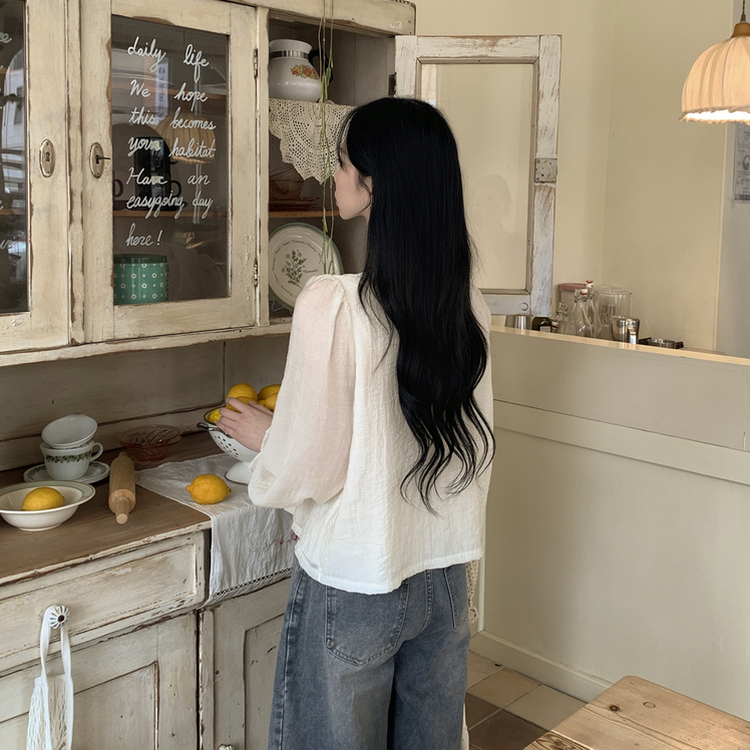 러블리 러플 스트랩 리본 프릴 시스루 브이넥 루즈핏 긴팔 쉬폰 블라우스 데이트룩 직장인룩 화이트