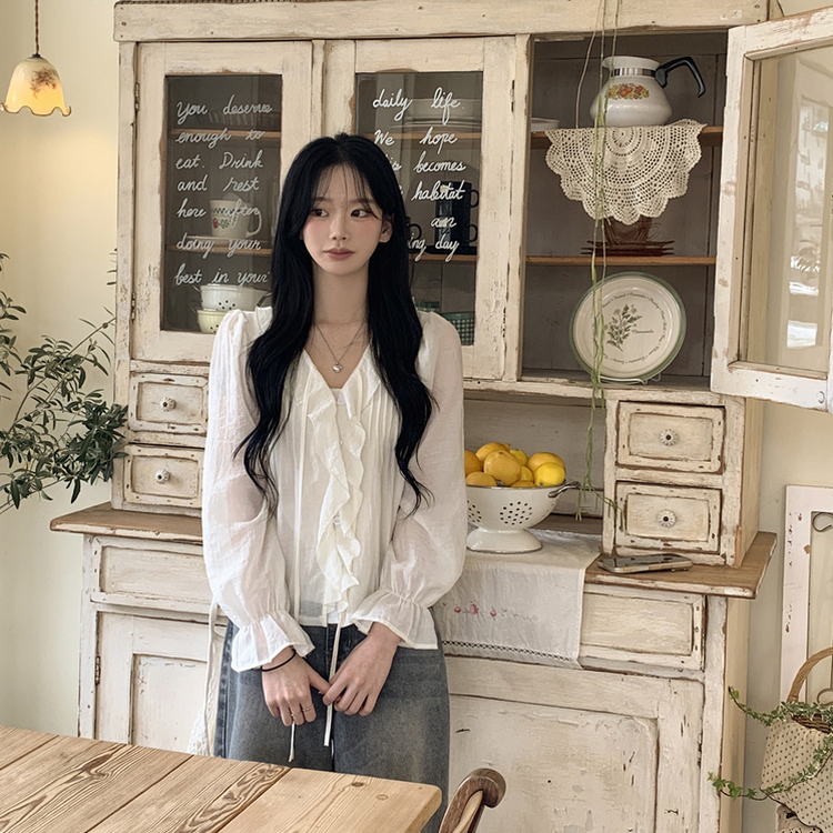 러블리 러플 스트랩 리본 프릴 시스루 브이넥 루즈핏 긴팔 쉬폰 블라우스 데이트룩 직장인룩 화이트