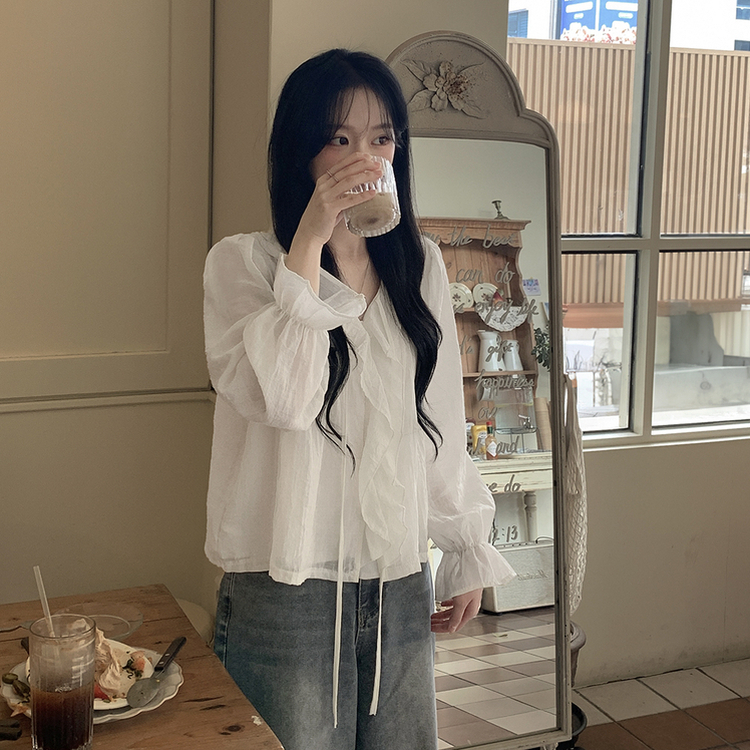 러블리 러플 스트랩 리본 프릴 시스루 브이넥 루즈핏 긴팔 쉬폰 블라우스 데이트룩 직장인룩 화이트